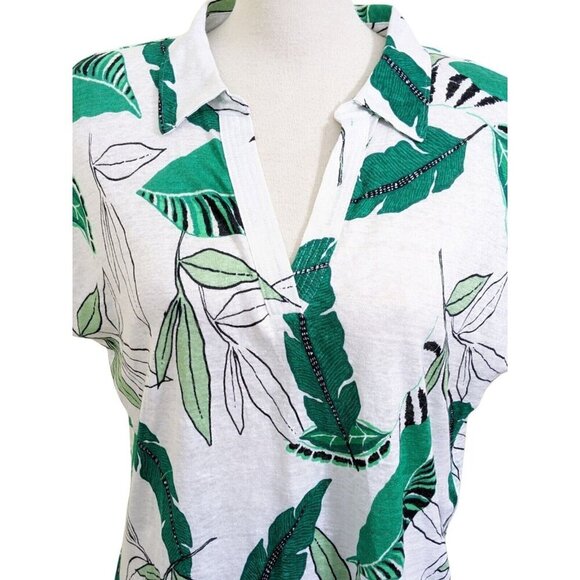 Tahari Womens Button Up Linen Shirt Sleeveless White Green Palm Print Size XL - Picture 2 of 7